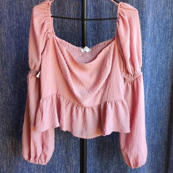 Peplum Top Square Neck Long Balloon Sleeve Smocked Blouse Pink, XL - Picture 2 of 10
